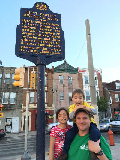 Jesse Hallowell and his children at the Thones Kunders homestead site in Germantown, Philadelphia, taken in April 2016